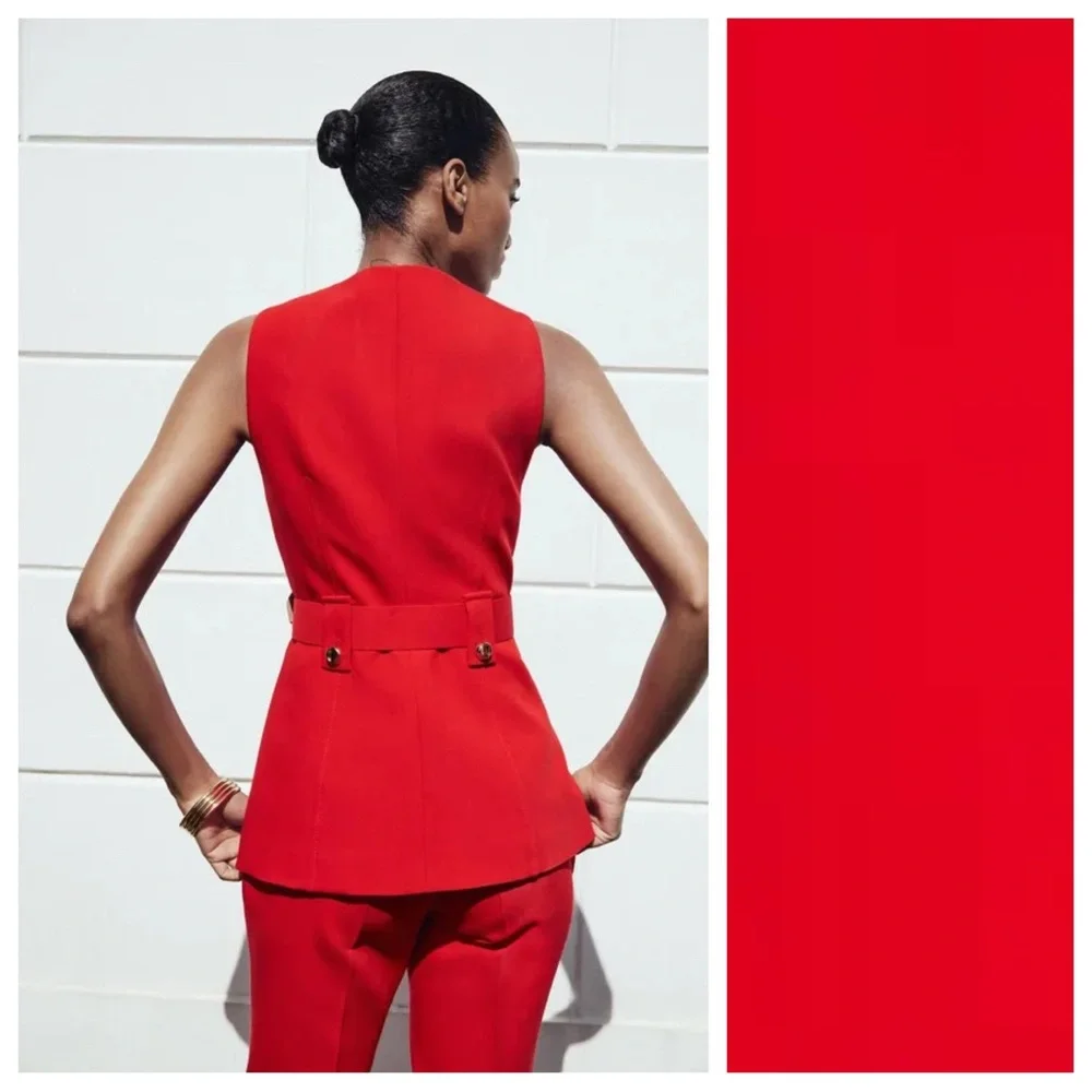 NWT. Zara Red Viscose Blend Long Vest with Belt. Size S.